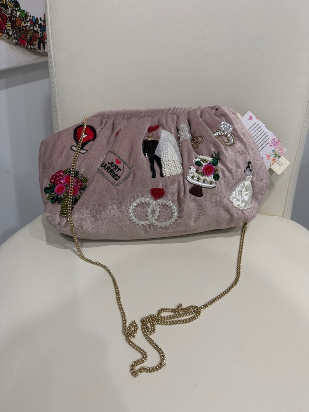 Embellished Mauve Velvet Beaded "Just Married" Clutch Shoulder Bag